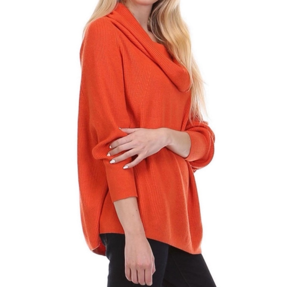 FATE • Orange Bardot Ribbed Knit Cowl-Neck Pullover Sweater, L